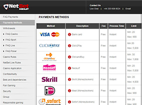 NetBet Casino - payment methods